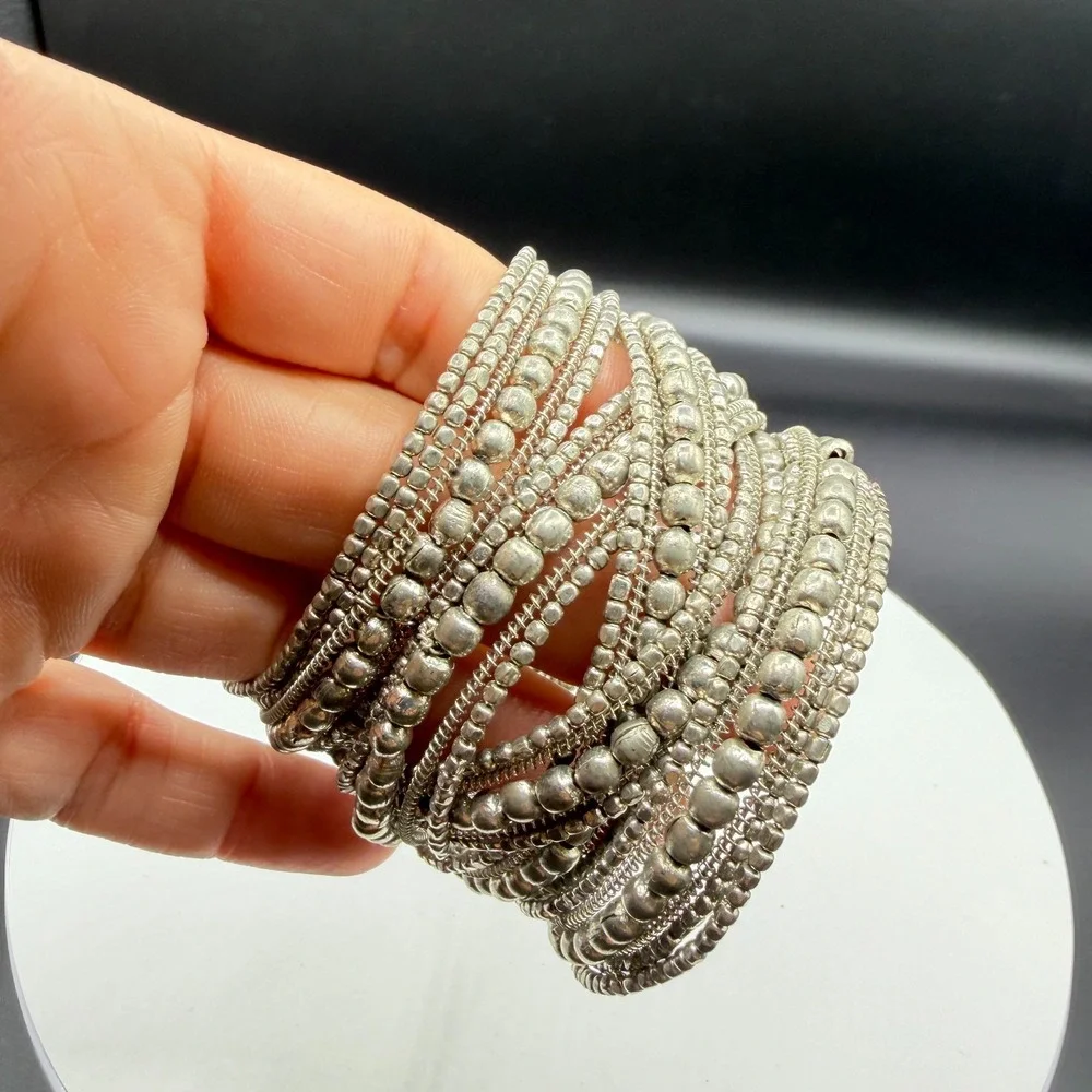 Silver Tone Multi Strand Beaded Wire Cuff Bracelet Boho Statement Festival Gift